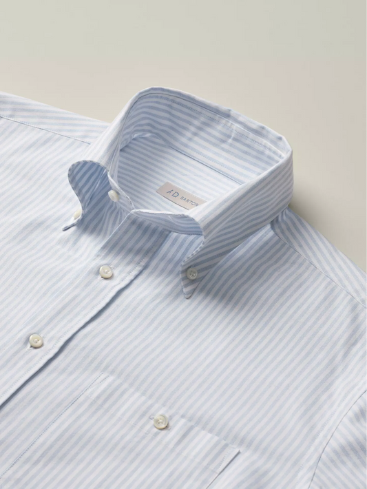 close up of a Blue & White striped shirt with button down in oxford fabric