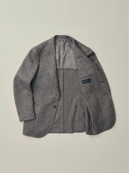 Open mens jacket in black and white herringbone wool fabric