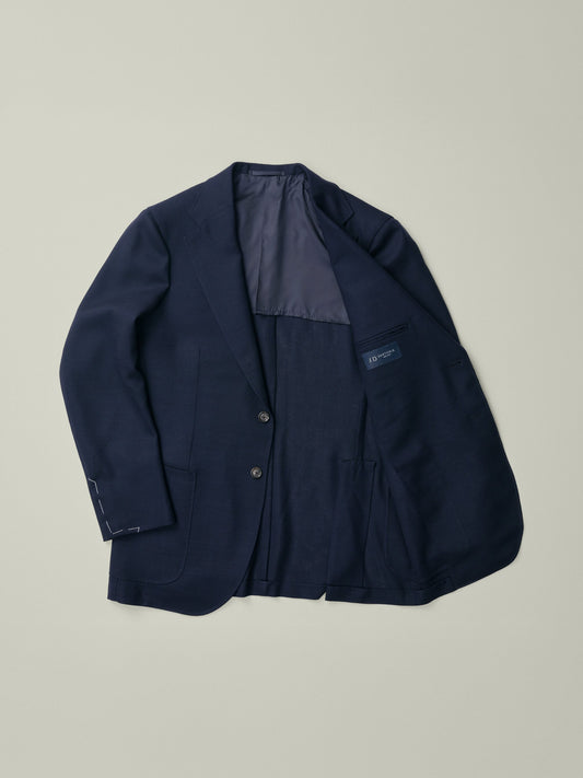Open mens jacket in blue hopsack wool fabric