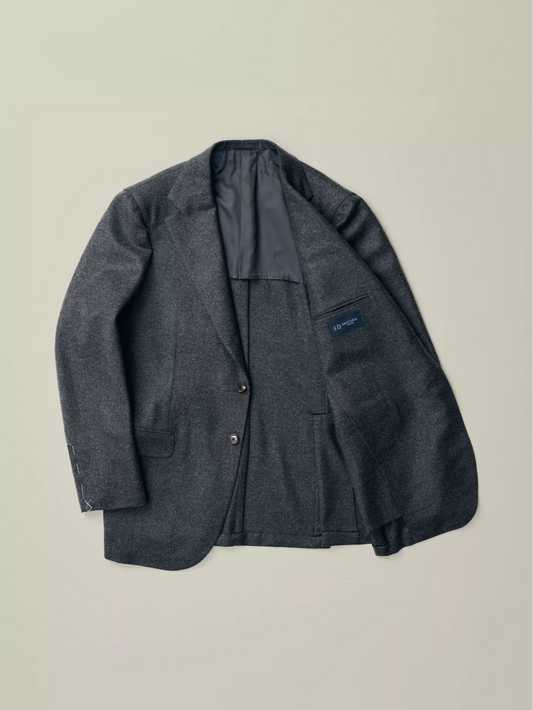 Open suit jacket in single breasted grey flannels fabric