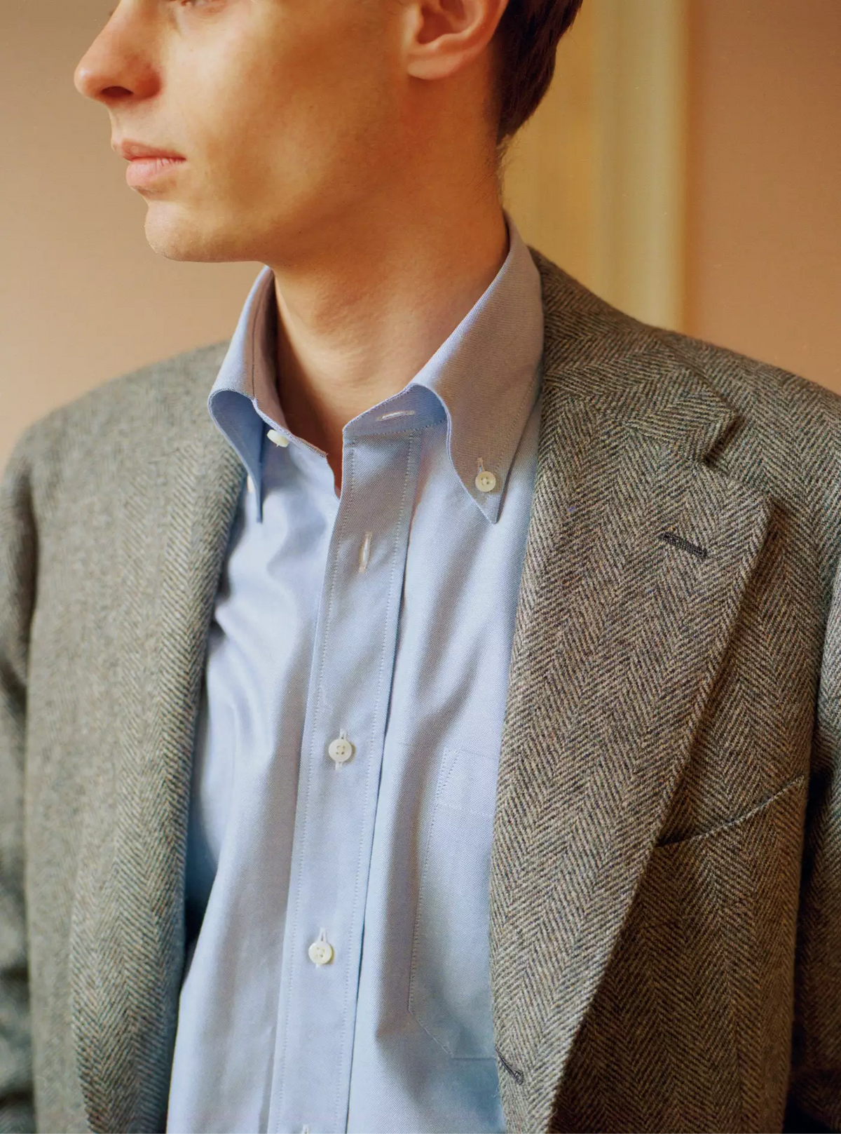 A.D.Sartoria herringbone blazer on top of a blue shirt 